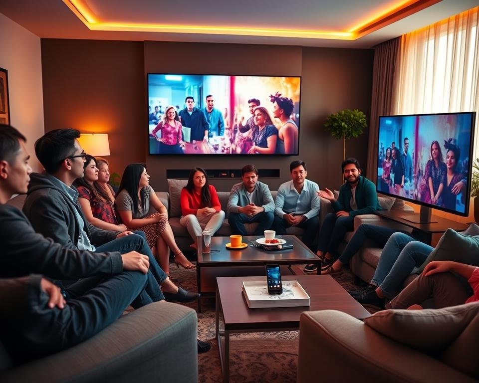 A sleek living room setting with a modern flat-screen TV displaying vibrant scenes from a film, showcasing high-definition clarity. In the foreground, a group of diverse individuals, dressed in smart casual attire, is gathered around a stylish coffee table, engaged in watching together, their expressions filled with excitement and enjoyment. In the middle ground, there are plush couches and soft ambient lighting, enhancing the cozy atmosphere. The background features a well-decorated wall with artwork and soft curtains, allowing warm natural light to stream in, creating a welcoming environment. The overall mood is relaxed and engaging, emphasizing the quality of visual experience in home entertainment.