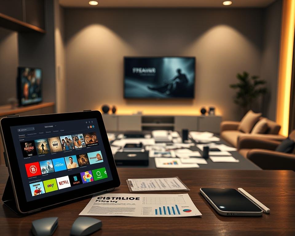 A sleek, modern digital display showcasing a variety of streaming subscription prices and packages. In the foreground, a large tablet screen displays colorful icons representing various streaming services like movies, TV shows, and sports, arranged in a visually appealing grid. In the middle, a stylish desk cluttered with charts and documents suggests an analytical approach to choosing subscription options. The background features a minimalist home entertainment setup with a large screen, comfortable seating, and subtle ambient lighting to create a cozy atmosphere. The scene is well-lit with soft shadows emphasizing the tech-savvy environment, invoking a mood of professionalism and informed decision-making in the world of IPTV solutions. A sleek, modern digital display showcasing a variety of streaming subscription prices and packages. In the foreground, a large tablet screen displays colorful icons representing various streaming services like movies, TV shows, and sports, arranged in a visually appealing grid. In the middle, a stylish desk cluttered with charts and documents suggests an analytical approach to choosing subscription options. The background features a minimalist home entertainment setup with a large screen, comfortable seating, and subtle ambient lighting to create a cozy atmosphere. The scene is well-lit with soft shadows emphasizing the tech-savvy environment, invoking a mood of professionalism and informed decision-making in the world of IPTV solutions.