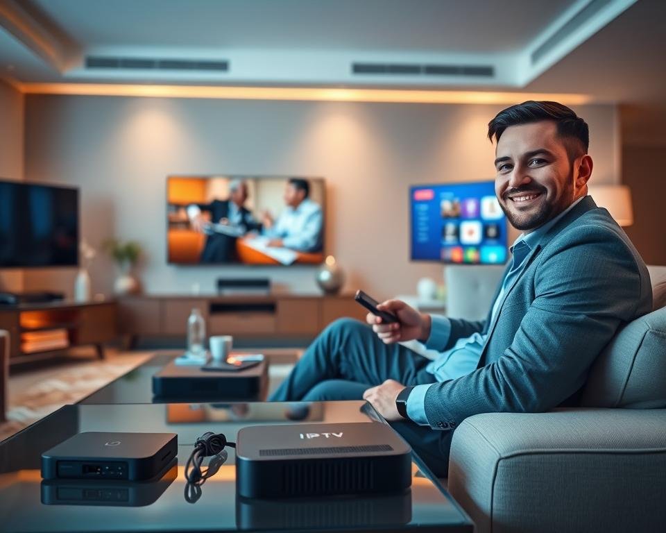 A sleek, modern living room setting featuring a stylish entertainment center with a large flat-screen TV displaying a vibrant IPTV interface. In the foreground, a professional-looking individual in smart casual attire sits on a comfortable couch, holding a remote and smiling, depicting satisfaction with their IPTV subscription. The middle ground showcases a coffee table cluttered with a few tech gadgets and a user-friendly device for streaming, emphasizing convenience. In the background, soft ambient lighting creates a warm, inviting atmosphere with elegant decor that suggests comfort and relaxation. The overall mood is encouraging and informative, reflecting a seamless IPTV ordering process with a focus on enjoyment and ease of use. The image should be bright and well-lit, capturing a feeling of modern technology in the home. A sleek, modern living room setting featuring a stylish entertainment center with a large flat-screen TV displaying a vibrant IPTV interface. In the foreground, a professional-looking individual in smart casual attire sits on a comfortable couch, holding a remote and smiling, depicting satisfaction with their IPTV subscription. The middle ground showcases a coffee table cluttered with a few tech gadgets and a user-friendly device for streaming, emphasizing convenience. In the background, soft ambient lighting creates a warm, inviting atmosphere with elegant decor that suggests comfort and relaxation. The overall mood is encouraging and informative, reflecting a seamless IPTV ordering process with a focus on enjoyment and ease of use. The image should be bright and well-lit, capturing a feeling of modern technology in the home.