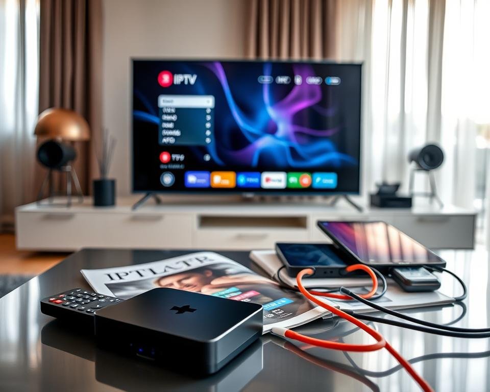 A sleek, modern living room setting featuring a variety of compatible devices for IPTV, such as a smart TV, streaming box, tablet, and smartphone, all positioned prominently on a stylish coffee table. In the foreground, a remote control lies casually next to a stylish magazine about technology. The middle ground showcases the smart TV displaying a vibrant and engaging IPTV interface, while the streaming box and tablet are connected with colorful cables. In the background, soft natural lighting filters through sheer curtains, enhancing the inviting atmosphere. The scene is captured from a slightly elevated angle, showcasing the harmony between these devices. The mood is contemporary and tech-savvy, ideal for a modern viewer interested in IPTV solutions. A sleek, modern living room setting featuring a variety of compatible devices for IPTV, such as a smart TV, streaming box, tablet, and smartphone, all positioned prominently on a stylish coffee table. In the foreground, a remote control lies casually next to a stylish magazine about technology. The middle ground showcases the smart TV displaying a vibrant and engaging IPTV interface, while the streaming box and tablet are connected with colorful cables. In the background, soft natural lighting filters through sheer curtains, enhancing the inviting atmosphere. The scene is captured from a slightly elevated angle, showcasing the harmony between these devices. The mood is contemporary and tech-savvy, ideal for a modern viewer interested in IPTV solutions.