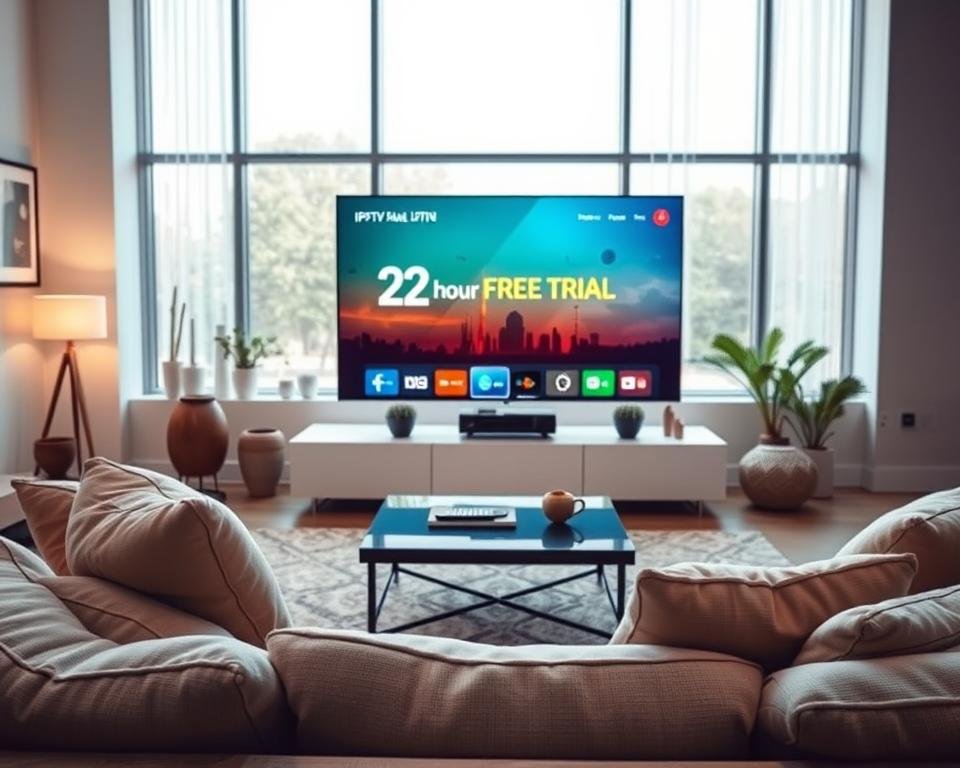A sleek, modern living room setup featuring a large flat-screen TV displaying an engaging IPTV interface, highlighting a "24-hour Free Trial" concept. In the foreground, a comfortable sofa with plush cushions invites relaxation, where a remote control rests on a stylish coffee table. The mid-ground features subtle decorative elements, like potted plants and artwork, adding warmth to the space. In the background, large windows allow soft, natural light to filter in, creating a cozy and inviting atmosphere. The scene is well-lit, with a focus on the TV screen, capturing the essence of enjoying quality IPTV services at home. The overall mood is one of comfort and accessibility, emphasizing the ease of trying out IPTV.