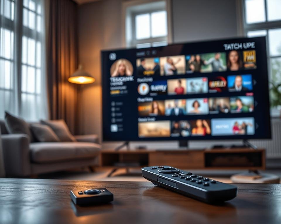 A sleek, modern television displaying a user-friendly interface showcasing the "terugkijk functionaliteit" (catch-up feature). In the foreground, a remote control with ergonomic design rests beside the TV. The middle ground shows a cozy living room setting, with a comfortable sofa and ambient lighting creating a warm atmosphere. Soft, diffused light streams through large windows, casting gentle shadows. In the background, various entertainment options are visible on the screen, highlighting different genres and shows available for catch-up viewing. The overall mood is inviting and tech-savvy, emphasizing comfort and accessibility in home entertainment. The image should have a cinematic depth of field, giving focus to the TV and remote. A sleek, modern television displaying a user-friendly interface showcasing the "terugkijk functionaliteit" (catch-up feature). In the foreground, a remote control with ergonomic design rests beside the TV. The middle ground shows a cozy living room setting, with a comfortable sofa and ambient lighting creating a warm atmosphere. Soft, diffused light streams through large windows, casting gentle shadows. In the background, various entertainment options are visible on the screen, highlighting different genres and shows available for catch-up viewing. The overall mood is inviting and tech-savvy, emphasizing comfort and accessibility in home entertainment. The image should have a cinematic depth of field, giving focus to the TV and remote.
