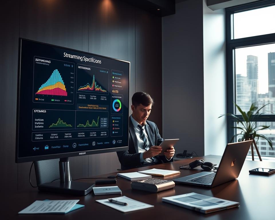 A sleek, modern workspace featuring a large, high-resolution 4K monitor displaying streaming technical specifications. The foreground showcases the monitor with crisp, colorful graphs and data showcasing bandwidth requirements, resolution details, and streaming protocols in elegant layouts. In the middle, a professional figure in business attire is seated, intently reviewing performance metrics on a laptop, with notepads and digital devices scattered around. The background features a minimalist office design with subtle ambient lighting that enhances focus, and a window allowing soft natural light to illuminate the space. The overall atmosphere conveys professionalism and technical expertise, emphasizing the importance of high-quality streaming standards for 4K IPTV services. A sleek, modern workspace featuring a large, high-resolution 4K monitor displaying streaming technical specifications. The foreground showcases the monitor with crisp, colorful graphs and data showcasing bandwidth requirements, resolution details, and streaming protocols in elegant layouts. In the middle, a professional figure in business attire is seated, intently reviewing performance metrics on a laptop, with notepads and digital devices scattered around. The background features a minimalist office design with subtle ambient lighting that enhances focus, and a window allowing soft natural light to illuminate the space. The overall atmosphere conveys professionalism and technical expertise, emphasizing the importance of high-quality streaming standards for 4K IPTV services.