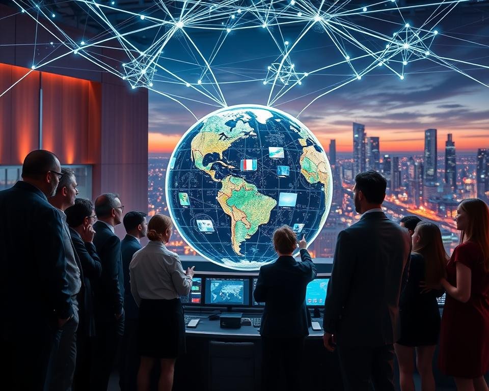 A stunning globe surrounded by a glowing mesh of interconnected lines representing worldwide television coverage. In the foreground, an array of diverse, professional-looking individuals dressed in business attire, discussing and pointing at digital screens that display television channels from various countries. The middle ground features a high-tech control room with multiple monitors showing broadcasting data, while the background showcases a vibrant city skyline at dusk, illuminated by city lights. The atmosphere is energetic and collaborative, with a dynamic blend of warm and cool lighting emphasizing innovation and global connectivity. The perspective is slightly low-angle, giving an impressive view of the globe and control room, showcasing the vast reach of television services across different regions. A stunning globe surrounded by a glowing mesh of interconnected lines representing worldwide television coverage. In the foreground, an array of diverse, professional-looking individuals dressed in business attire, discussing and pointing at digital screens that display television channels from various countries. The middle ground features a high-tech control room with multiple monitors showing broadcasting data, while the background showcases a vibrant city skyline at dusk, illuminated by city lights. The atmosphere is energetic and collaborative, with a dynamic blend of warm and cool lighting emphasizing innovation and global connectivity. The perspective is slightly low-angle, giving an impressive view of the globe and control room, showcasing the vast reach of television services across different regions.