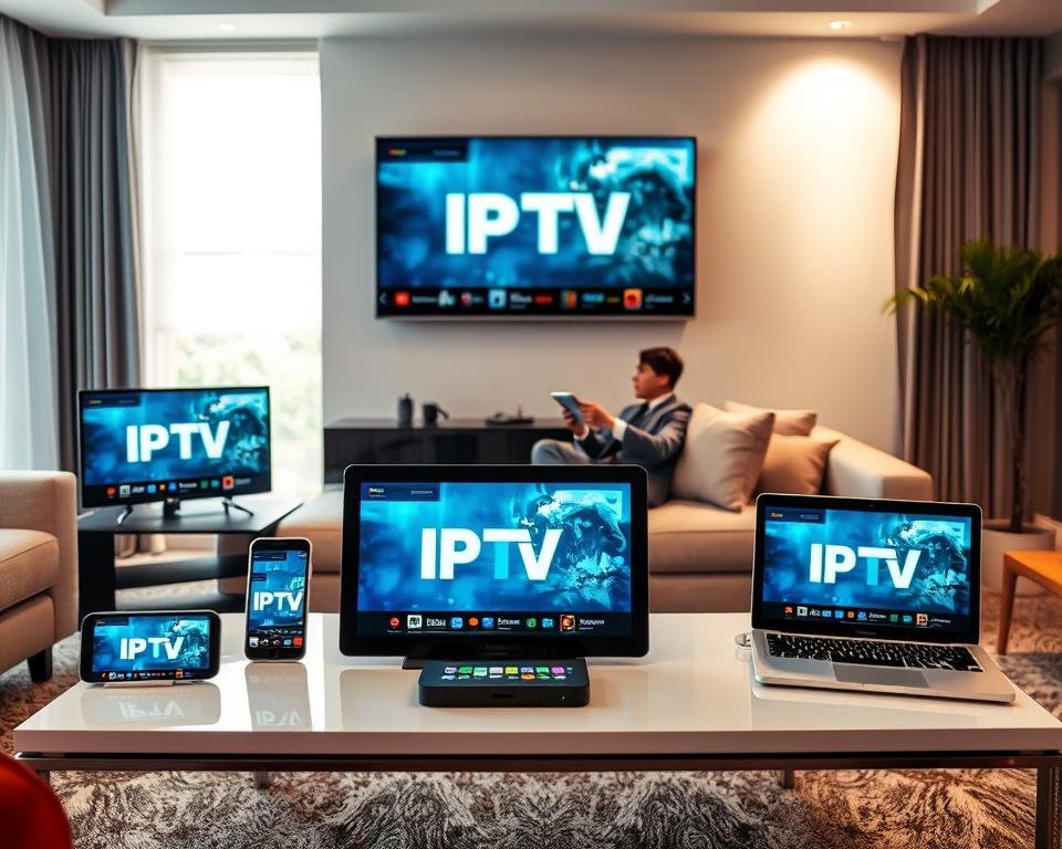 A stylish living room scene showcasing a variety of digital devices, including a smart TV, tablet, smartphone, and laptop, all displaying the same IPTV streaming interface. In the foreground, a person in professional attire is comfortably seated on a modern sofa, engaging with the tablet. The middle layer features the devices on a sleek coffee table with soft ambient lighting creating a cozy atmosphere. In the background, a well-lit window reveals a pleasant outdoor view. The composition highlights the seamless compatibility of IPTV services with various gadgets, emphasizing modern technology and user-friendly experience. The mood is inviting and tech-savvy, designed to convey a sense of connectivity and convenience for all users. A stylish living room scene showcasing a variety of digital devices, including a smart TV, tablet, smartphone, and laptop, all displaying the same IPTV streaming interface. In the foreground, a person in professional attire is comfortably seated on a modern sofa, engaging with the tablet. The middle layer features the devices on a sleek coffee table with soft ambient lighting creating a cozy atmosphere. In the background, a well-lit window reveals a pleasant outdoor view. The composition highlights the seamless compatibility of IPTV services with various gadgets, emphasizing modern technology and user-friendly experience. The mood is inviting and tech-savvy, designed to convey a sense of connectivity and convenience for all users.