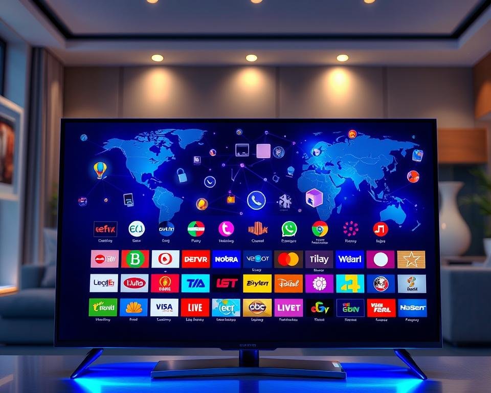 A vibrant and dynamic digital display showcasing a wide selection of international television channels. In the foreground, a sleek ultramodern TV screen illuminated by soft blue lighting, displaying a grid of colorful channel logos from various countries. The middle ground features an assortment of abstract shapes and patterns, symbolizing diversity in content—from news and sports to entertainment and cultural programs—connected by glowing lines to suggest data flow. The background is a blurred, sophisticated living room setting, subtly lit to create a cozy yet high-tech atmosphere. The overall mood is one of excitement and modernity, with a focus on connectivity and global reach. A vibrant and dynamic digital display showcasing a wide selection of international television channels. In the foreground, a sleek ultramodern TV screen illuminated by soft blue lighting, displaying a grid of colorful channel logos from various countries. The middle ground features an assortment of abstract shapes and patterns, symbolizing diversity in content—from news and sports to entertainment and cultural programs—connected by glowing lines to suggest data flow. The background is a blurred, sophisticated living room setting, subtly lit to create a cozy yet high-tech atmosphere. The overall mood is one of excitement and modernity, with a focus on connectivity and global reach.