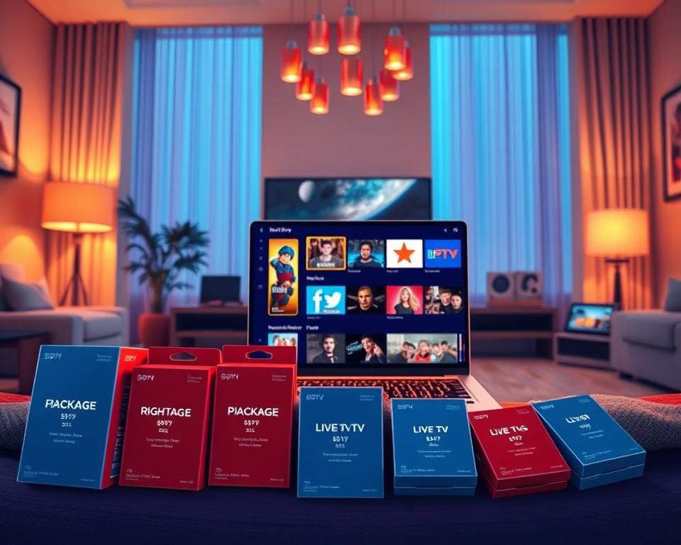 A vibrant and modern illustration representing subscription packages for TV services. In the foreground, display several high-quality packages with sleek designs labeled with different price points, arranged artistically. The middle ground features an open laptop showing a streaming interface with live TV options displayed, surrounded by stylish electronic devices like a smart TV and tablet. The background showcases a cozy living room setting, illuminated by warm, soft lighting to create an inviting atmosphere. Utilize a wide-angle lens perspective, capturing the essence of modern entertainment in a professional context. The mood should be engaging and contemporary, emphasizing the convenience and variety offered by IPTV packages, while remaining clean and professional without any text or logos. A vibrant and modern illustration representing subscription packages for TV services. In the foreground, display several high-quality packages with sleek designs labeled with different price points, arranged artistically. The middle ground features an open laptop showing a streaming interface with live TV options displayed, surrounded by stylish electronic devices like a smart TV and tablet. The background showcases a cozy living room setting, illuminated by warm, soft lighting to create an inviting atmosphere. Utilize a wide-angle lens perspective, capturing the essence of modern entertainment in a professional context. The mood should be engaging and contemporary, emphasizing the convenience and variety offered by IPTV packages, while remaining clean and professional without any text or logos.