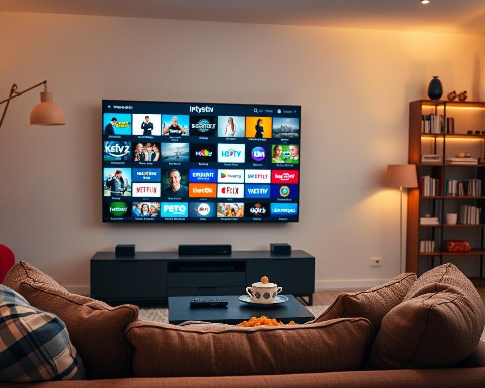 A vibrant and modern living room setting focused on a large, sleek television displaying a grid of colorful IPTV channels featuring various Dutch TV shows and live broadcasts. In the foreground, a comfortable couch with stylish cushions invites viewers to sit and watch. In the middle, a coffee table adorned with remote controls and snacks adds a casual touch. The background shows a stylish bookshelf filled with books and decorative items, suggesting a cozy atmosphere. Soft, warm lighting illuminates the space, creating an inviting mood. The angle showcases the television clearly, emphasizing the vast array of channels available, while maintaining a clean and organized aesthetic, without any people present.