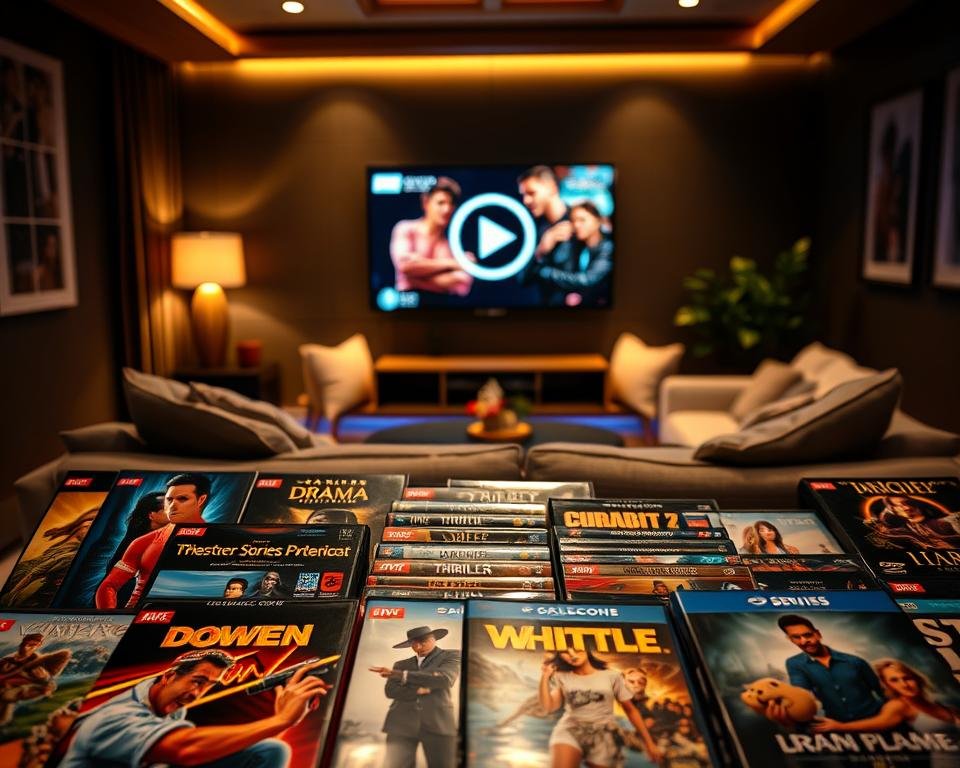 A vibrant and visually appealing collection of movies and series. In the foreground, a neatly arranged display of DVD covers showcasing various genres: action, drama, thriller, and comedy, with rich, colorful artwork. In the middle, an inviting, comfortable living room setting with a stylish couch, soft cushions, and a modern TV screen featuring the "play" symbol illuminated. The background showcases a darkened room with ambient lighting, casting a warm glow over the space, suggesting a cozy movie-watching atmosphere. The focus is on creating a sense of excitement and anticipation, evoking the joy of selecting the perfect title for an evening of entertainment. Emphasize a balance between comfort and cinematic appeal. A vibrant and visually appealing collection of movies and series. In the foreground, a neatly arranged display of DVD covers showcasing various genres: action, drama, thriller, and comedy, with rich, colorful artwork. In the middle, an inviting, comfortable living room setting with a stylish couch, soft cushions, and a modern TV screen featuring the "play" symbol illuminated. The background showcases a darkened room with ambient lighting, casting a warm glow over the space, suggesting a cozy movie-watching atmosphere. The focus is on creating a sense of excitement and anticipation, evoking the joy of selecting the perfect title for an evening of entertainment. Emphasize a balance between comfort and cinematic appeal.