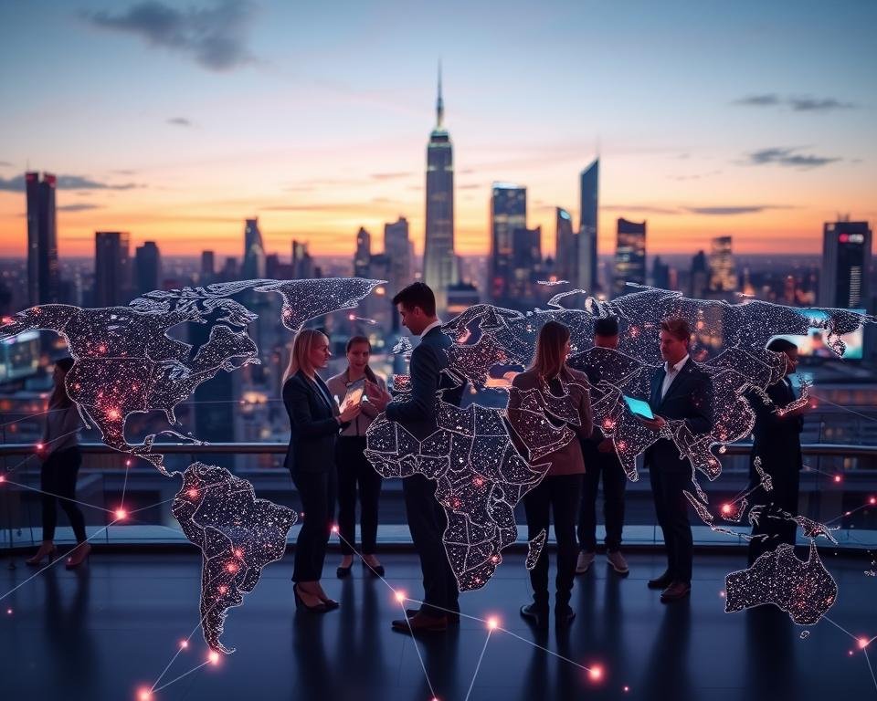 A vibrant digital world map in the foreground, showcasing interconnected streams of data represented by glowing lines and nodes. In the middle, a diverse group of professional individuals, dressed in business attire, are interacting with devices that display various 4K streaming interfaces. The background features a high-tech city skyline under a twilight sky, with illuminated screens projecting icons of popular streaming services. The lighting is soft yet bright, emphasizing the technological aspects and creating a futuristic atmosphere. The image captures a sense of global access and connectivity, symbolizing the theme of worldwide streaming coverage, while maintaining a professional and engaging mood. A vibrant digital world map in the foreground, showcasing interconnected streams of data represented by glowing lines and nodes. In the middle, a diverse group of professional individuals, dressed in business attire, are interacting with devices that display various 4K streaming interfaces. The background features a high-tech city skyline under a twilight sky, with illuminated screens projecting icons of popular streaming services. The lighting is soft yet bright, emphasizing the technological aspects and creating a futuristic atmosphere. The image captures a sense of global access and connectivity, symbolizing the theme of worldwide streaming coverage, while maintaining a professional and engaging mood.