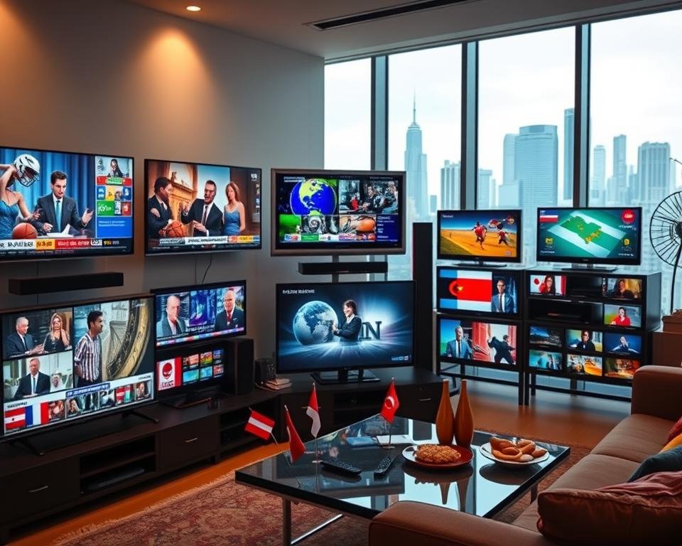 A vibrant display of international television offerings featuring a diverse selection of TV screens showcasing various global channels and programs. In the foreground, several flat-screen televisions display colorful images of news, sports, and entertainment from different countries, each surrounded by small flags representing their origins. In the middle ground, a modern living room setting with a sleek coffee table, remote controls, and snacks creates an inviting atmosphere. The background features a large window with city skyline views, allowing natural light to flood in, enhancing the ambiance. The mood is energetic and dynamic, reflecting the vast variety of content viewers can access. Use soft lighting to create a warm and engaging environment. No captions, watermarks, or expansive text should be present in the image. A vibrant display of international television offerings featuring a diverse selection of TV screens showcasing various global channels and programs. In the foreground, several flat-screen televisions display colorful images of news, sports, and entertainment from different countries, each surrounded by small flags representing their origins. In the middle ground, a modern living room setting with a sleek coffee table, remote controls, and snacks creates an inviting atmosphere. The background features a large window with city skyline views, allowing natural light to flood in, enhancing the ambiance. The mood is energetic and dynamic, reflecting the vast variety of content viewers can access. Use soft lighting to create a warm and engaging environment. No captions, watermarks, or expansive text should be present in the image.