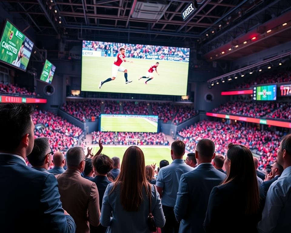 A vibrant scene depicting a live sports broadcast event. In the foreground, a diverse group of spectators in professional attire, focused on a large, high-definition screen showing a thrilling football match. Excitement radiates from their expressions as they cheer enthusiastically. In the middle ground, event staff in casual uniforms are interacting with attendees, ensuring a smooth experience. The background features a modern stadium filled with cheering fans, banners waving, and colorful lighting creating an energetic atmosphere. The overall mood is one of excitement and anticipation, with a dramatic angle that captures both the captivated crowd and the dynamic action on screen. The image is well-lit, showcasing vivid colors and clear details, immersing viewers in the exhilarating world of live sports events. A vibrant scene depicting a live sports broadcast event. In the foreground, a diverse group of spectators in professional attire, focused on a large, high-definition screen showing a thrilling football match. Excitement radiates from their expressions as they cheer enthusiastically. In the middle ground, event staff in casual uniforms are interacting with attendees, ensuring a smooth experience. The background features a modern stadium filled with cheering fans, banners waving, and colorful lighting creating an energetic atmosphere. The overall mood is one of excitement and anticipation, with a dramatic angle that captures both the captivated crowd and the dynamic action on screen. The image is well-lit, showcasing vivid colors and clear details, immersing viewers in the exhilarating world of live sports events.