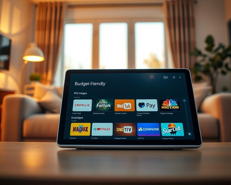 A visually engaging overview of IPTV subscription options displayed on a sleek digital device, emphasizing budget-friendly plans. In the foreground, a modern tablet or laptop screen shows a user-friendly interface with colorful icons representing various IPTV packages, organized neatly. In the middle background, a cozy living room setting with a plush sofa and soft ambient lighting adds warmth and comfort. A soft-focus view through a window suggests a calm day outside. The scene is illuminated by warm, golden light to create a welcoming atmosphere. The angle captures the device from a slight overhead perspective, drawing the viewer's attention to the IPTV options while maintaining a professional and polished aesthetic.