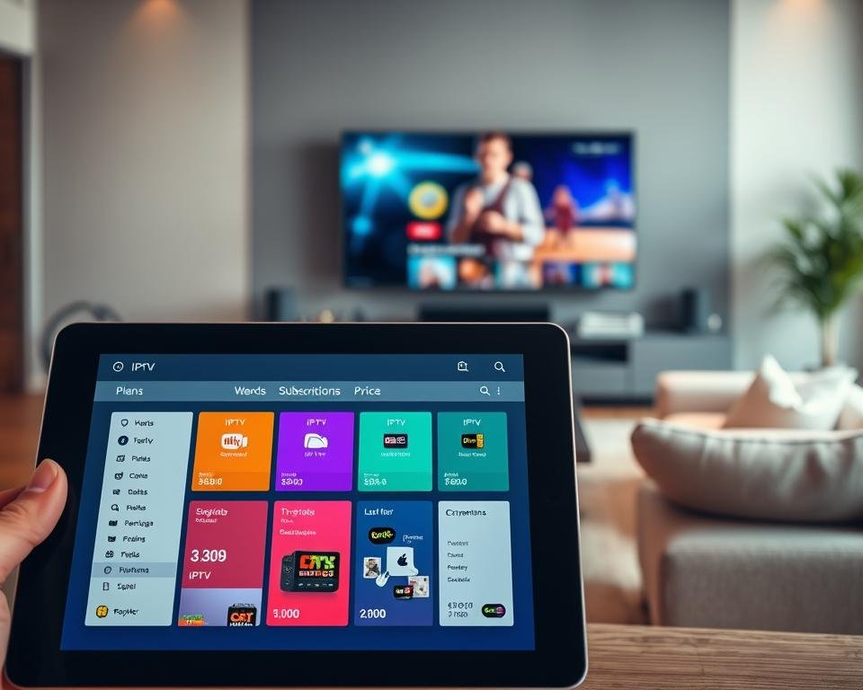 A visually striking composition showcasing various IPTV subscription options. In the foreground, a modern tablet displays a colorful interface featuring different IPTV plans, prices, and channel selections. The middle ground features a sleek, contemporary living room setting, with a plush sofa and a stylish coffee table, implying a cozy viewing environment. In the background, a large flat-screen TV is mounted on the wall, displaying vibrant streaming visuals. Soft, warm lighting creates an inviting atmosphere, while a slight lens blur focuses attention on the tablet. The overall mood is informative and aspirational, reflecting the quality and convenience of IPTV services.