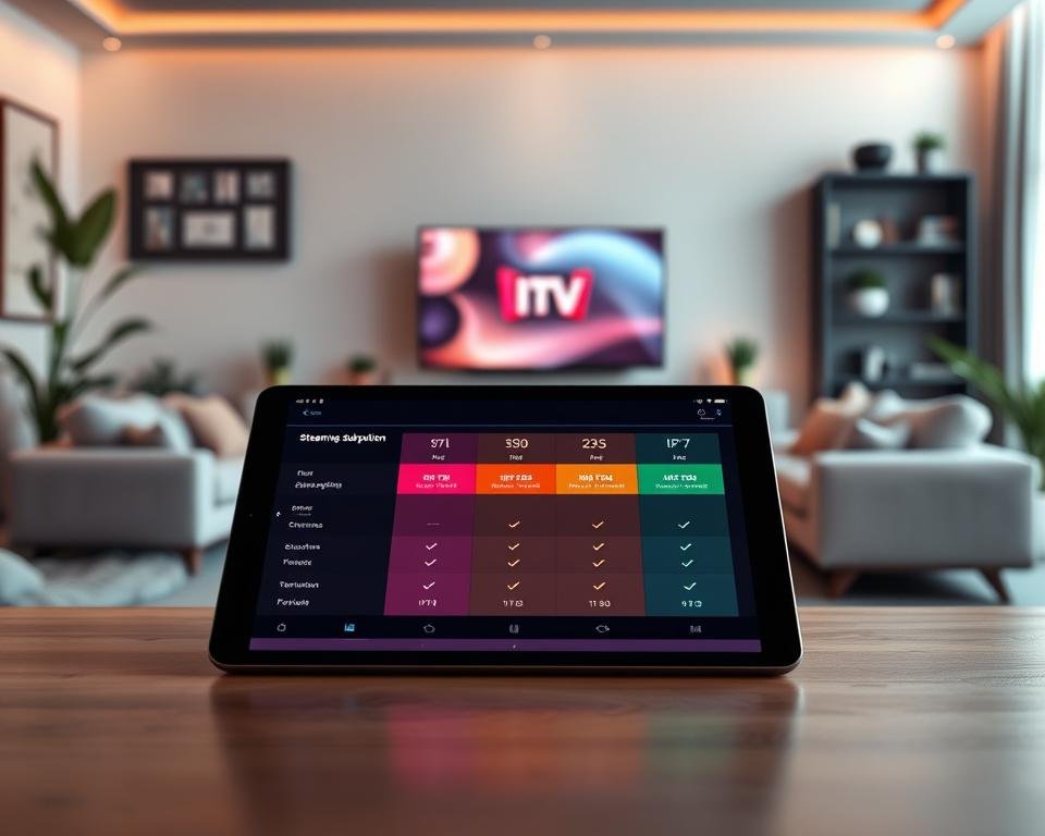 A visually striking digital concept depicting various streaming subscription options illustrated on a sleek, modern interface. In the foreground, a stylish tablet displays a colorful comparison chart showcasing different IPTV plans with glowing icons representing 4K streaming. The middle layer includes a minimalist living room setting, with a comfy sofa and a large TV screen showing a vibrant streaming service logo. In the background, ambient soft lighting creates a cozy atmosphere, complemented by decorative elements like potted plants and bookshelves. The overall mood should feel modern and tech-savvy, emphasizing convenience and choice in digital entertainment. Use a warm color palette and a slightly angled perspective for dynamic depth. A visually striking digital concept depicting various streaming subscription options illustrated on a sleek, modern interface. In the foreground, a stylish tablet displays a colorful comparison chart showcasing different IPTV plans with glowing icons representing 4K streaming. The middle layer includes a minimalist living room setting, with a comfy sofa and a large TV screen showing a vibrant streaming service logo. In the background, ambient soft lighting creates a cozy atmosphere, complemented by decorative elements like potted plants and bookshelves. The overall mood should feel modern and tech-savvy, emphasizing convenience and choice in digital entertainment. Use a warm color palette and a slightly angled perspective for dynamic depth.