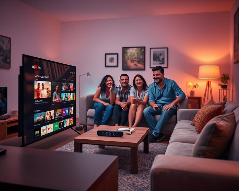 A visually striking digital scene showcasing the benefits of a streaming service, focusing on Dark IPTV 4K. In the foreground, a sleek, modern TV with a vibrant 4K display shows colorful streaming content, surrounded by an inviting living room setup with comfortable couches and warm lighting. In the middle ground, a family of four, dressed in casual yet neat clothing, enjoys their time together, smiling and engaged in watching a movie. Surrounding them are subtle hints of technology such as a remote control, smart devices, and decor that reflects a contemporary lifestyle. The background features a cozy ambiance with soft ambient lighting that creates a relaxed atmosphere, emphasizing the joy of entertainment at home. The overall mood is warm, inviting, and family-oriented, highlighting the advantages of choosing Dark IPTV 4K. A visually striking digital scene showcasing the benefits of a streaming service, focusing on Dark IPTV 4K. In the foreground, a sleek, modern TV with a vibrant 4K display shows colorful streaming content, surrounded by an inviting living room setup with comfortable couches and warm lighting. In the middle ground, a family of four, dressed in casual yet neat clothing, enjoys their time together, smiling and engaged in watching a movie. Surrounding them are subtle hints of technology such as a remote control, smart devices, and decor that reflects a contemporary lifestyle. The background features a cozy ambiance with soft ambient lighting that creates a relaxed atmosphere, emphasizing the joy of entertainment at home. The overall mood is warm, inviting, and family-oriented, highlighting the advantages of choosing Dark IPTV 4K.