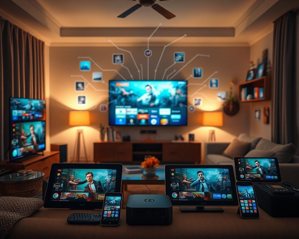 A visually striking image depicting the concept of "device compatibility" for a streaming service. In the foreground, showcase a diverse array of electronic devices such as smart TVs, tablets, and smartphones, all displaying vibrant 4K streaming content. The middle ground should feature a cozy living room setting with soft, warm lighting, enhancing the inviting atmosphere. In the background, subtly incorporate a digital interface that represents various streaming services, with interconnected lines symbolizing seamless compatibility. Use a wide-angle lens perspective to create depth, emphasizing the connectivity among devices. The overall mood should feel modern and tech-savvy, illustrating the ease of accessing IPTV services across different platforms. A visually striking image depicting the concept of "device compatibility" for a streaming service. In the foreground, showcase a diverse array of electronic devices such as smart TVs, tablets, and smartphones, all displaying vibrant 4K streaming content. The middle ground should feature a cozy living room setting with soft, warm lighting, enhancing the inviting atmosphere. In the background, subtly incorporate a digital interface that represents various streaming services, with interconnected lines symbolizing seamless compatibility. Use a wide-angle lens perspective to create depth, emphasizing the connectivity among devices. The overall mood should feel modern and tech-savvy, illustrating the ease of accessing IPTV services across different platforms.