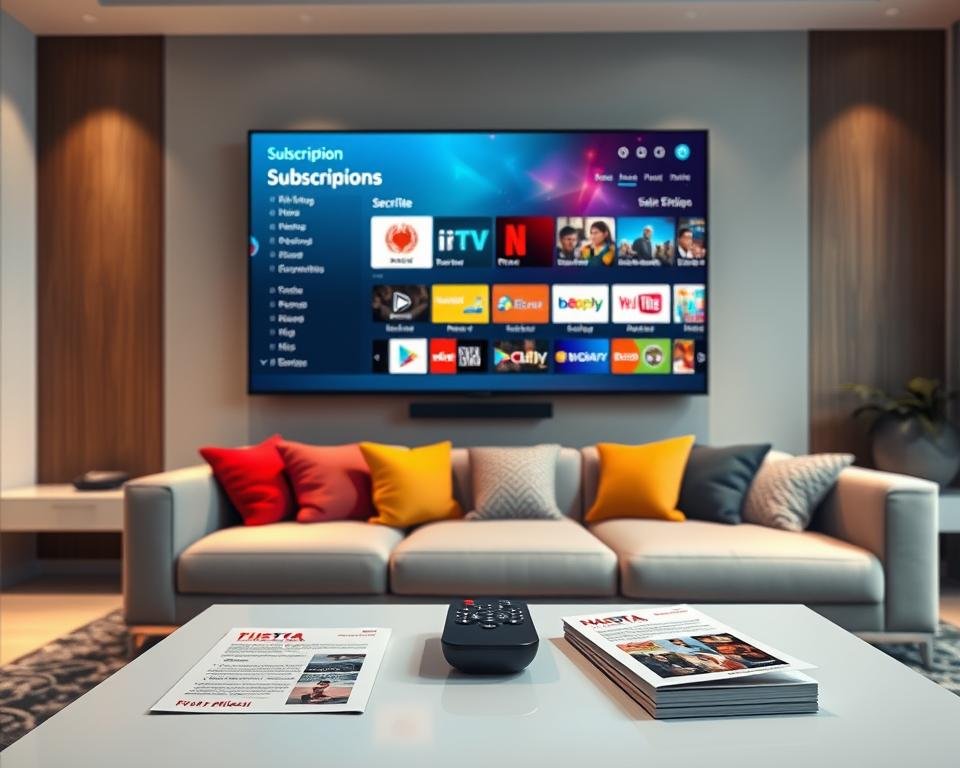Visualize a modern, sleek living room setting featuring a large, flat-screen television mounted on the wall, showcasing a vibrant user interface with various subscription options displayed in a grid. In the foreground, there is a stylish coffee table with a remote control and subscription pamphlets arranged neatly. In the middle ground, a comfortable couch is adorned with colorful cushions, inviting viewers to relax and engage with the content. The background consists of soft, indirect lighting that creates a warm atmosphere, enhancing the cozy feel of the room. The overall mood is professional and inviting, conveying a sense of choice and insight into IPTV subscription packages and pricing. The image should be bright, well-lit, and emphasize a contemporary home entertainment environment. Visualize a modern, sleek living room setting featuring a large, flat-screen television mounted on the wall, showcasing a vibrant user interface with various subscription options displayed in a grid. In the foreground, there is a stylish coffee table with a remote control and subscription pamphlets arranged neatly. In the middle ground, a comfortable couch is adorned with colorful cushions, inviting viewers to relax and engage with the content. The background consists of soft, indirect lighting that creates a warm atmosphere, enhancing the cozy feel of the room. The overall mood is professional and inviting, conveying a sense of choice and insight into IPTV subscription packages and pricing. The image should be bright, well-lit, and emphasize a contemporary home entertainment environment.